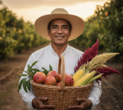 imagen campesino con mango, amaranto y maíz
